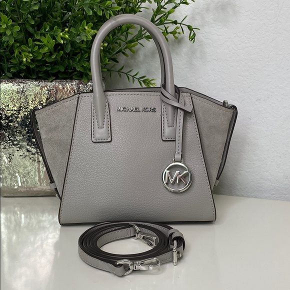Michael Kors AVRIL XSmall Suede Leather Combo Satchel Crossbody Pearl‎ Grey - Picture 1 of 10